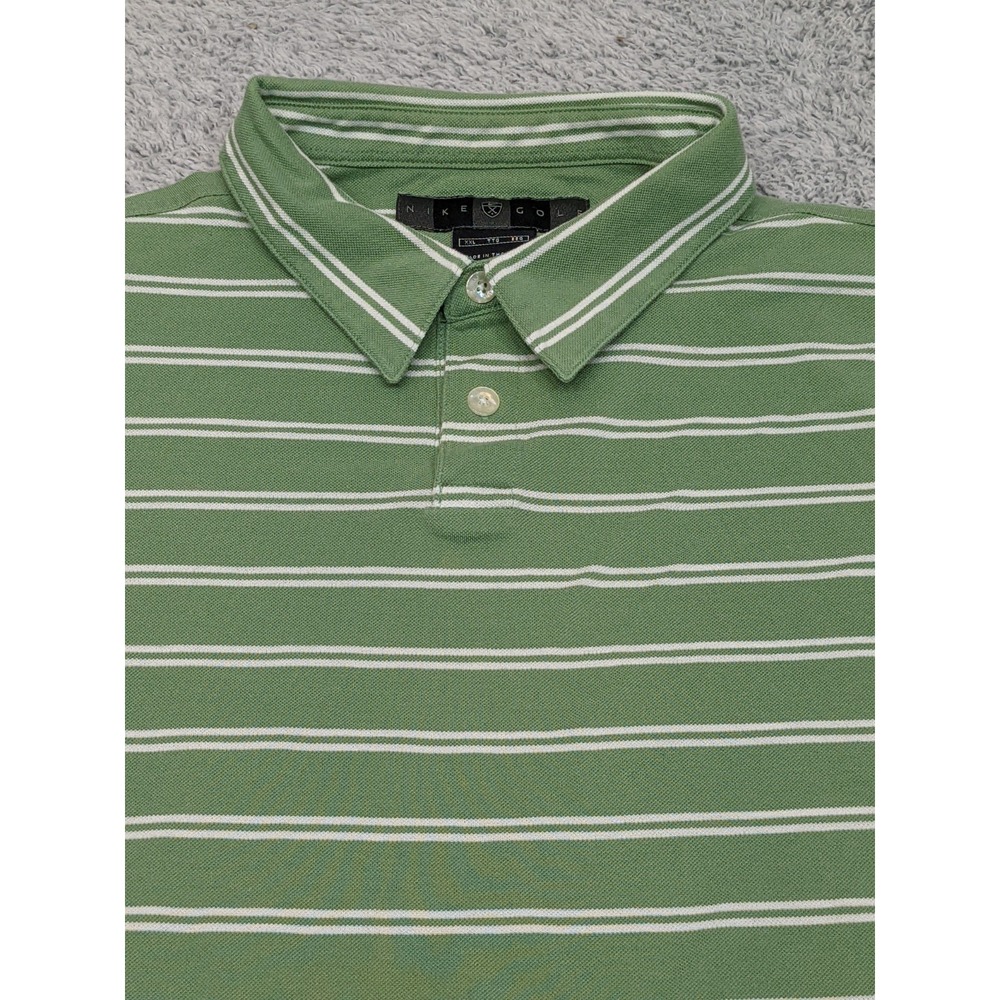 Nike Golf XXL Green White Striped‎ Polo Shirt Vintage Crest Logo Fit Dry Style